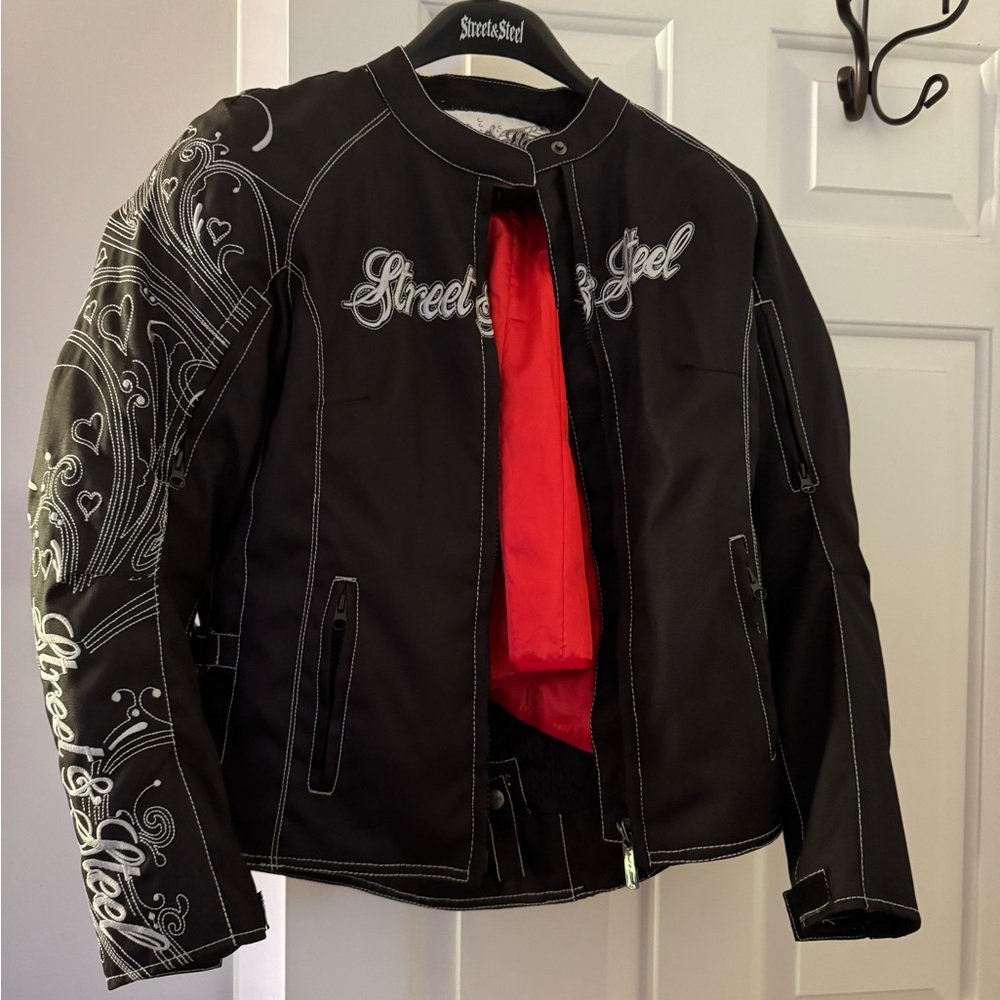 Women's Black Motorcycle Jacket with Red Lining